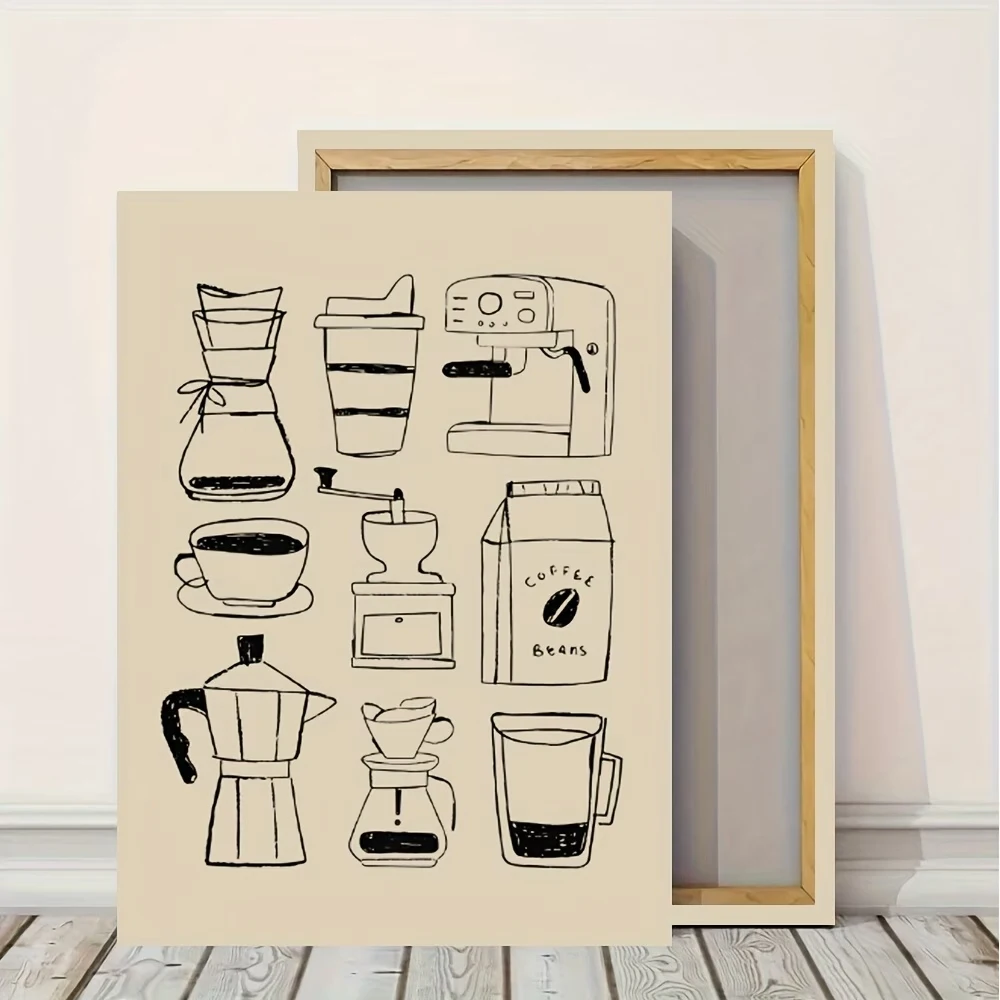 Minimalist Coffee Equipment Wall Art Print, Coffee Lover Canvas Poster, Modern Kitchen Cafe Wall Home Decor