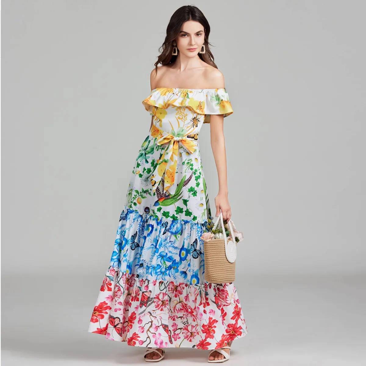 Summer Holiday Print Party Flower Dress Women's Off Shoulder Ruflles Slash Neck Backless Lace Up Belt Long Boho Robe Vestidos