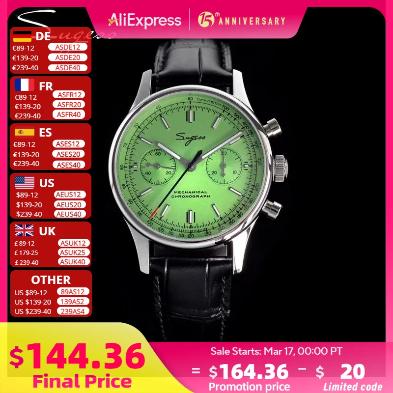 Sugess 1963 Pilot Mens Watch Chronograph Sapphire Crysta Mechanical Wristwatches Tianjin ST1901 Movement  Waterpoorf Green 40mm