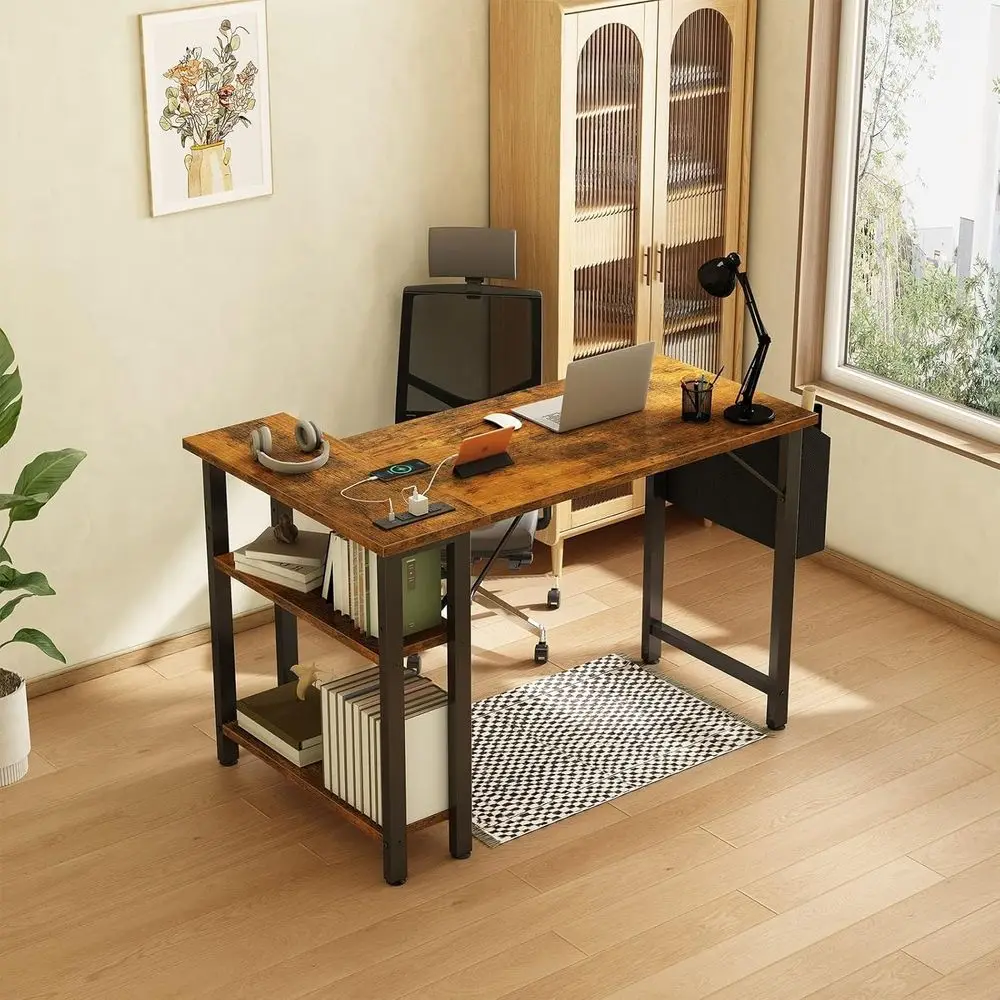 Rustic Brown 40 Inch L-Shaped Desk with Power Outlet Shelves for Small Home Office