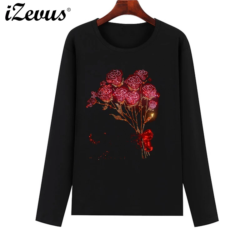 High-quality beautiful red and pink rose diamond T-shirt hot drilling ladies autumn and winter long-sleeved cotton casual T-shir