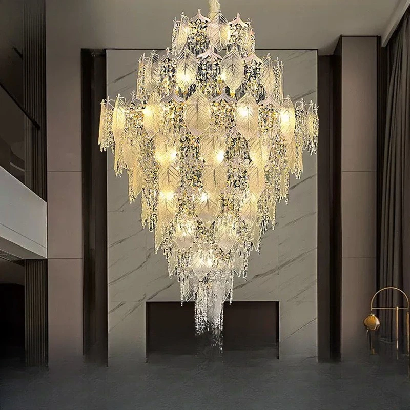 

French Cream Wind Villa Empty Living Room Large Chandelier Crystal Light Luxury Hotel Lobby Duplex Building