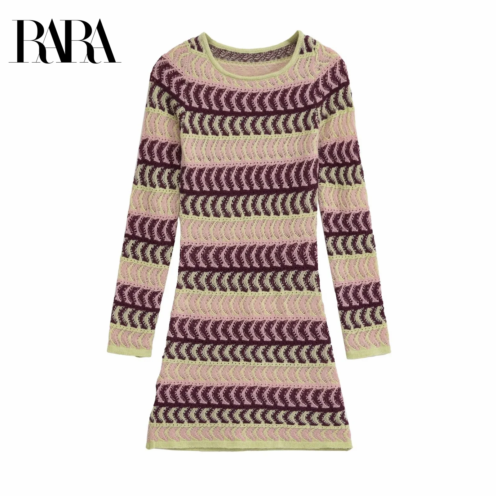 

RARA Women's Summer New Contrast - color Decorated Casual Elegant Round - neck Long - sleeve Knitted Textured Mini Slim Dress