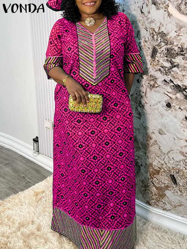 VONDA Women Dress 2024 Bohemian Printed Sundress Vintage Party Long Maxi Dress V-Neck Half Sleeve Loose Summer Vestidos Robe