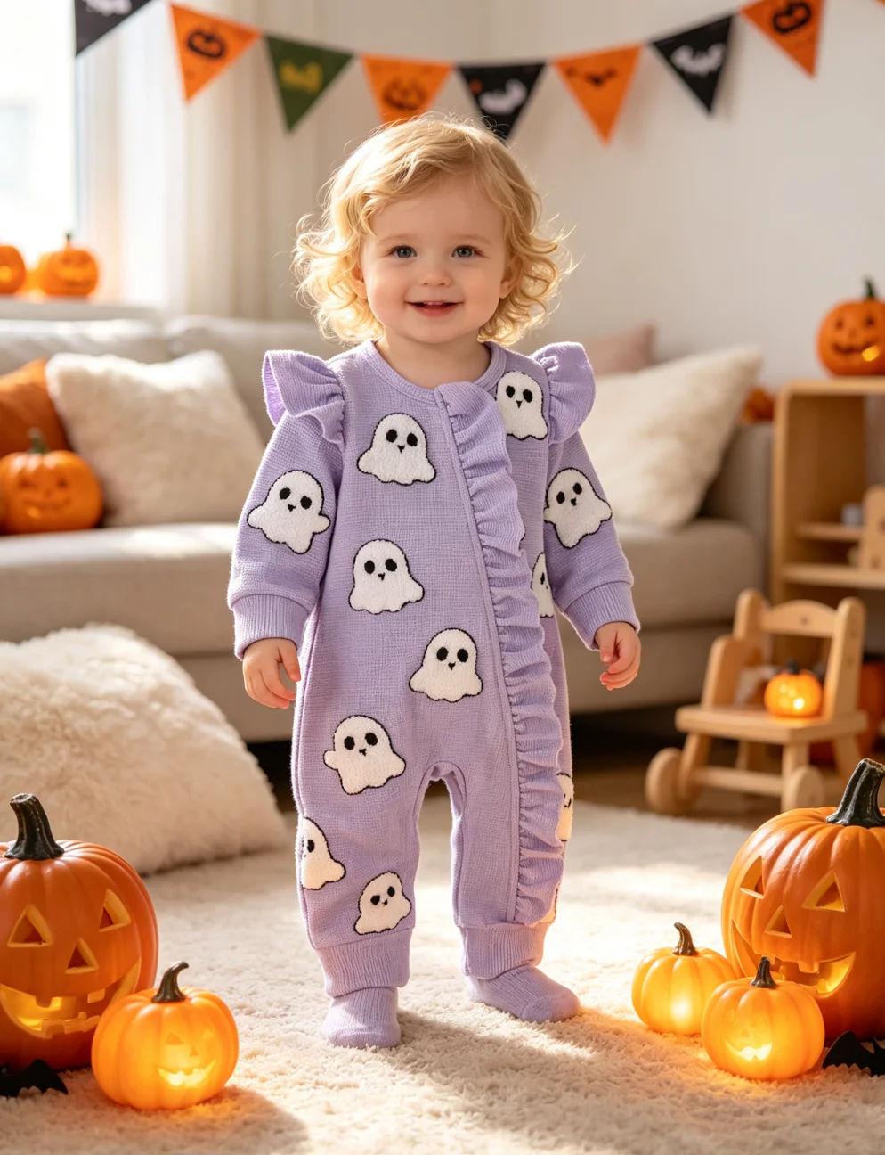 Baby Girls Halloween Ghost Zipper Jumpsuit, Waffle Ruffle Long Sleeve Footless Romper, Infant Fall Holiday Costume Outfit 0-18M