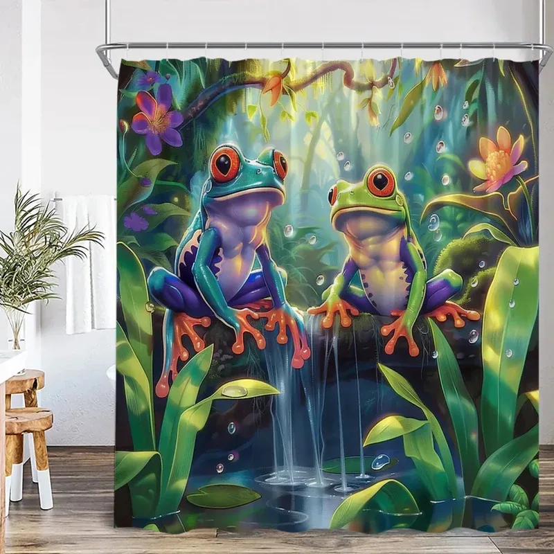 

JHB23Frog Shower Curtain Summer Rainforest Tropical Forest Animal Flowers Nature Bathroom Decor Natural Bath Curtain with Ho9Kj(