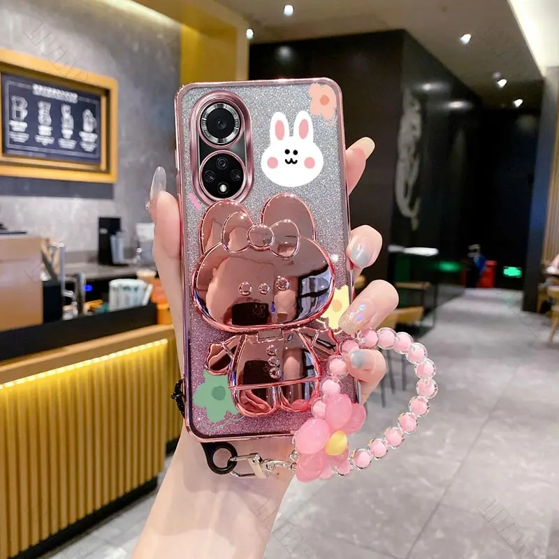 Honor50 Flower Strap Mirror Rabbit Phone Holder Case On For Huawei Honor 50 10 20 30 30S 60 70 80 90 100 SE Lite GT Stand Cover