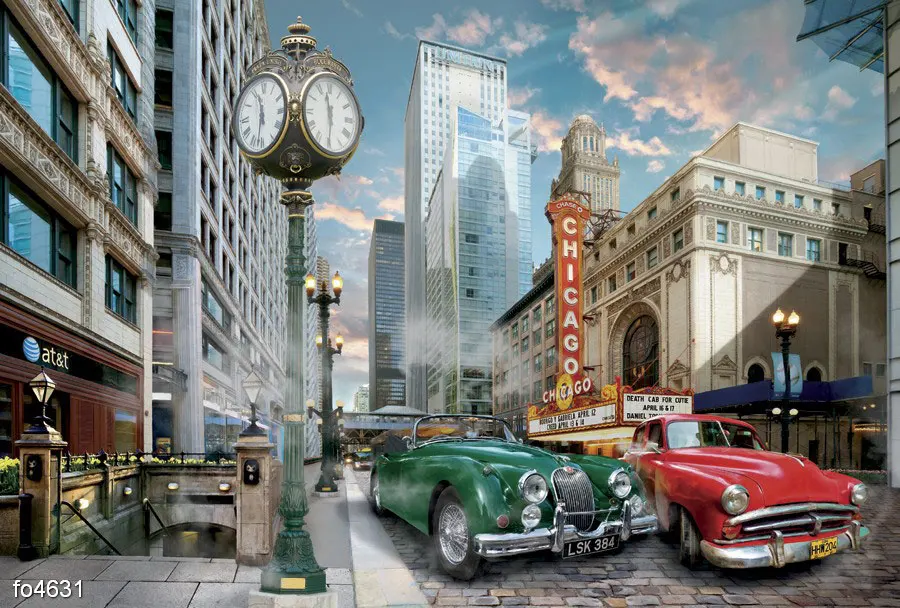 40s 50s 60s chicago City Skyline Street old car Clock backdrops computer print scenic Photography Studio Backgrounds