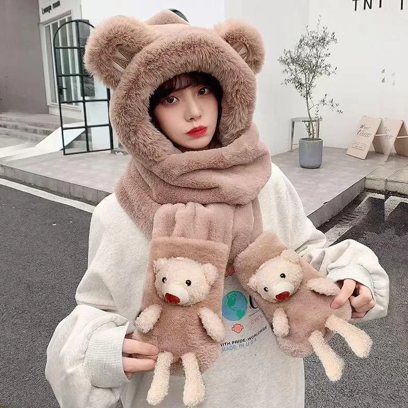 Winter Thickened Bear Ear Plush Pullover Cap Winter Imitation Rabbit Fur Warm Scarf All-in-one Hat Outdoor Gloves Integrated Cap