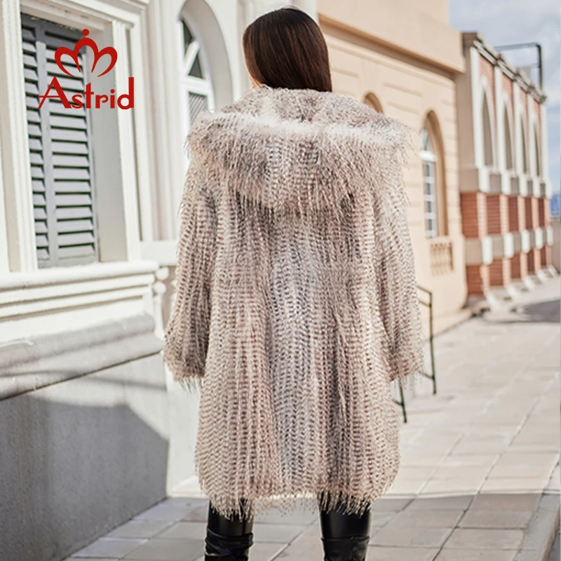 Abrigo largo de piel sintética Astrid para mujer, chaqueta de piel colorida con capucha holgada de invierno de talla grande, abrigo peludo de lujo para mujer 2024