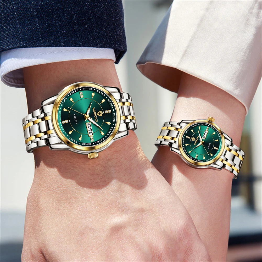 BINBOND Couple Watches Simple Fashion Top Brand Original Quartz Watch for Lover Waterproof Stainless Steel Date Week Luminous