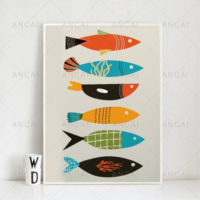 Mid Century Modern Abstract Canvas Painting Print Fish Poster Wall Decor Mid Century Fish Art Wall Picture Home Room Decoration