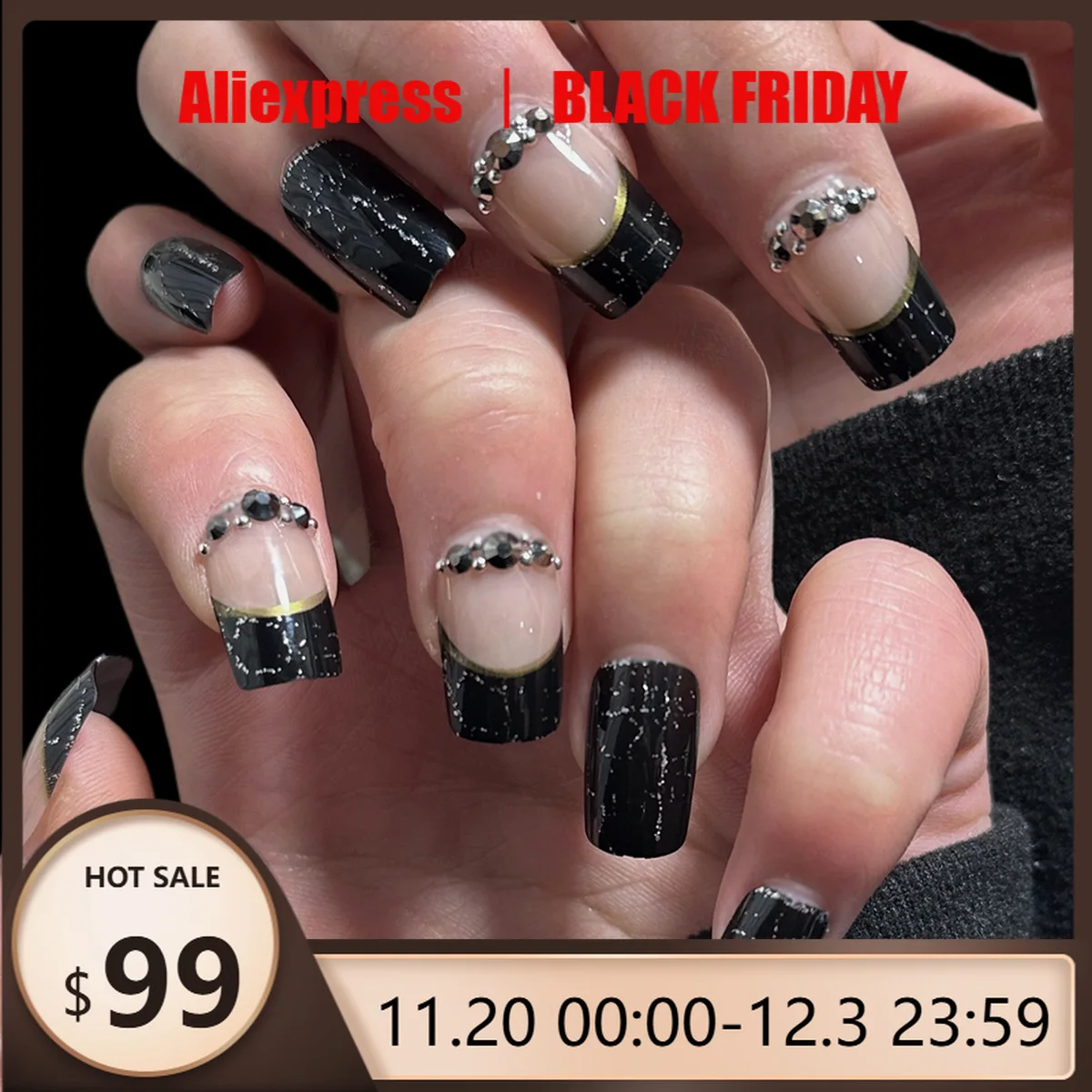 

24 шт., накладные ногти, минималистичный повседневный черный французский дизайн с блестками и стразами, идеальный подарок для женщин и друзей