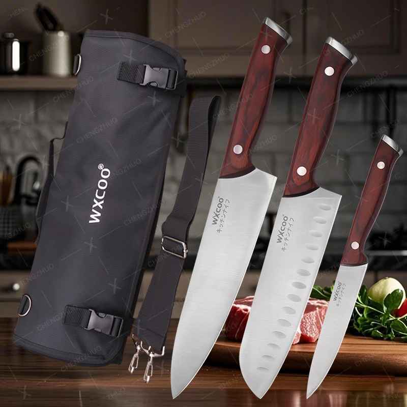 CHENGZHUO Kitchen Chef Knife Set Stainless Steel Meat Fish Fruit Cleaver Santoku Knives with Knife Bag