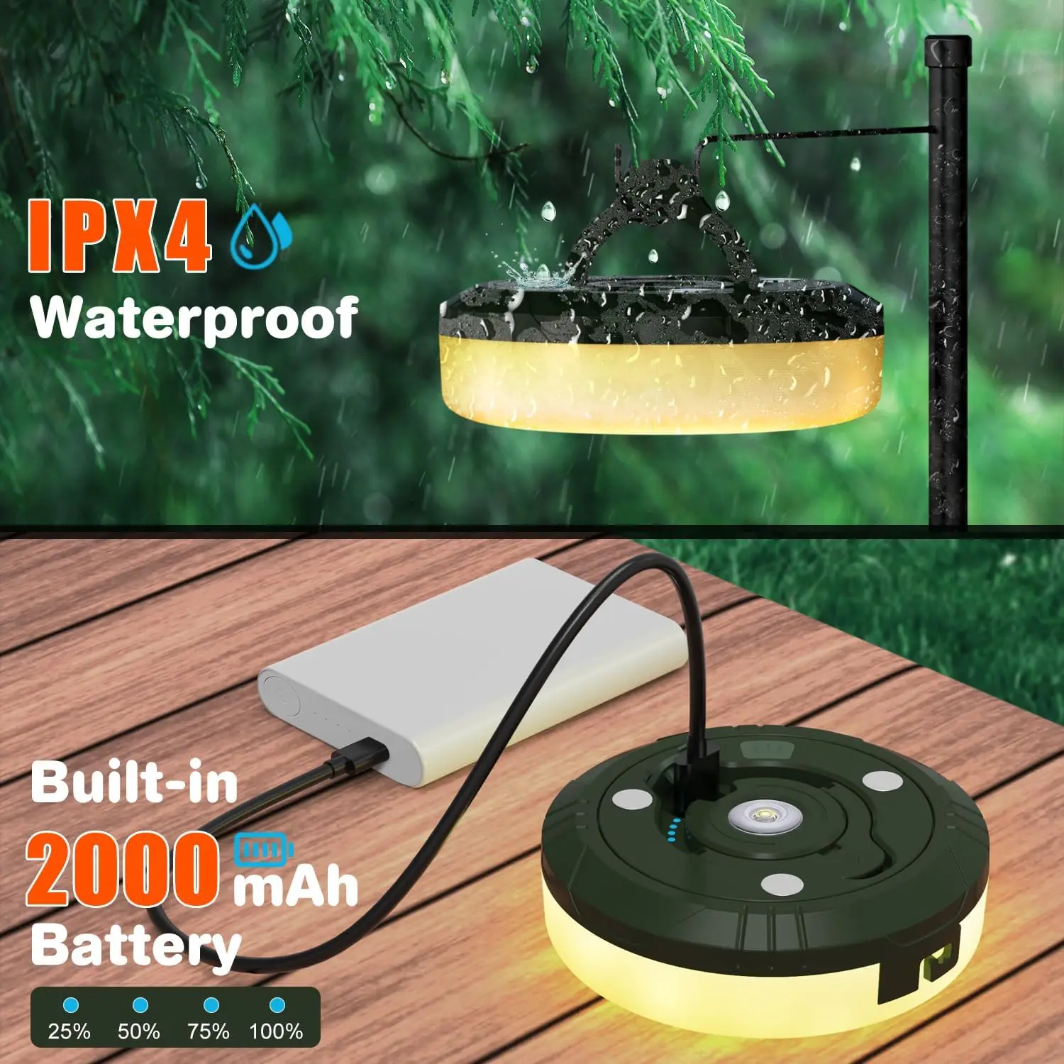 Camping String Lights 2 in1 Outdoor Waterproof Portable Stowable String Light with Lighting Modes USB Camping Lights for Hiking