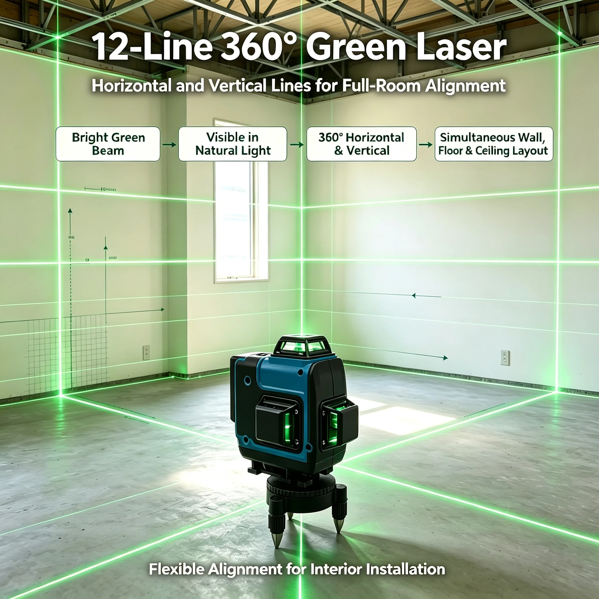 Makita 3D-4D Green Laser Level,16 Lines High Precision 360° Horizontal & Vertical Lines，Wall Mount Portable Laser Measuring Tool