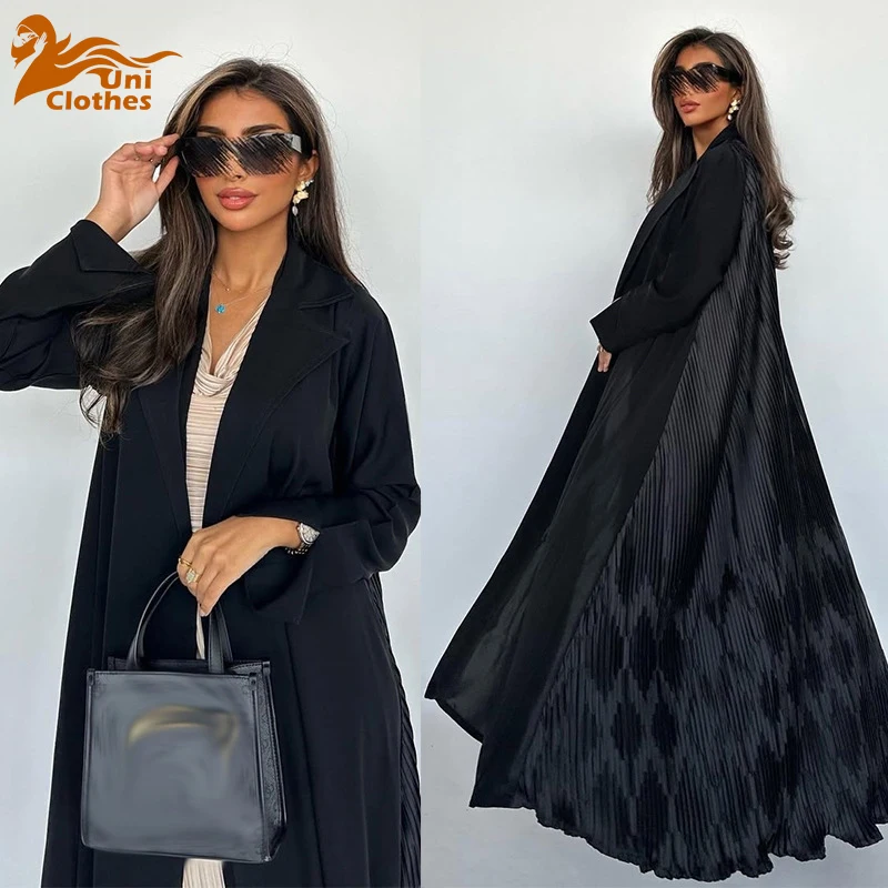 

UNI черная Абая мусульманская с длинным рукавом повседневная арабская плиссированная Абая с открытой передней частью Турция кафтаны женские джилбабские исламские платья макси
