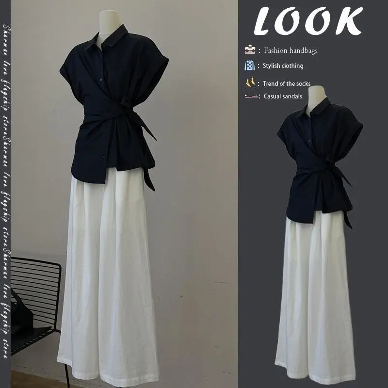 

Women's Summer Black Bandage Bowknot Shirts White Wide Leg Pants Two Piece Set Korean Office Lady Graceful Blouse Trousers Suits