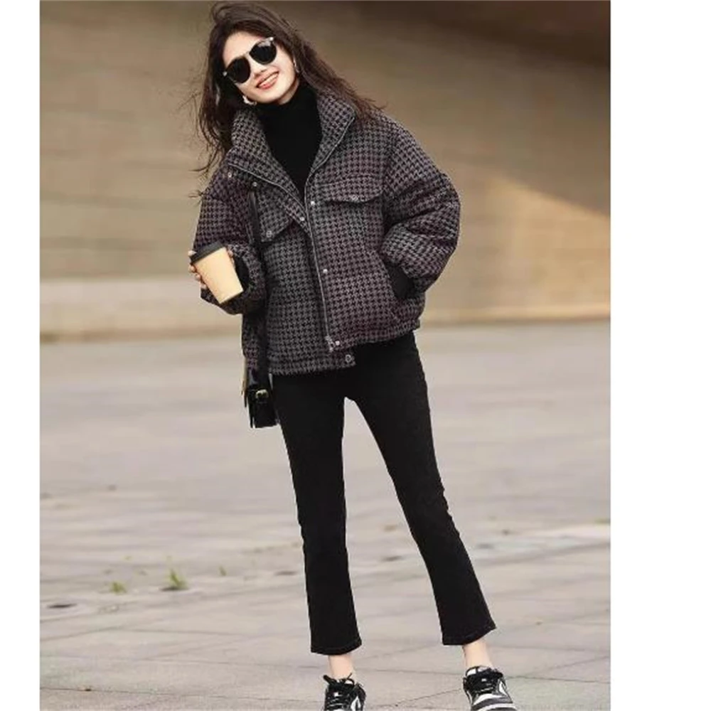 Chaqueta acolchada con capucha de pata de gallo para mujer, chaqueta gruesa a prueba de viento para invierno, Parka cálida Vintage, chaquetas de abrigo