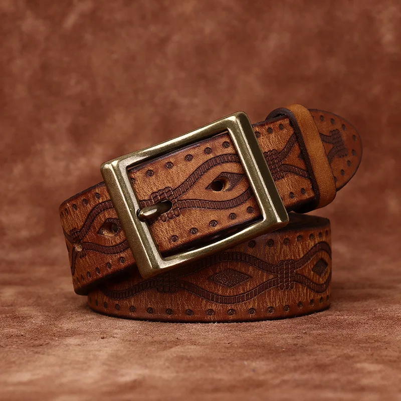 トップレイヤー牛革製、銅製バックル、厚めのベルト、レトロで個性的なメンズジーンズベルト、トレンディなエンボス加工カジュアルレザーベルト