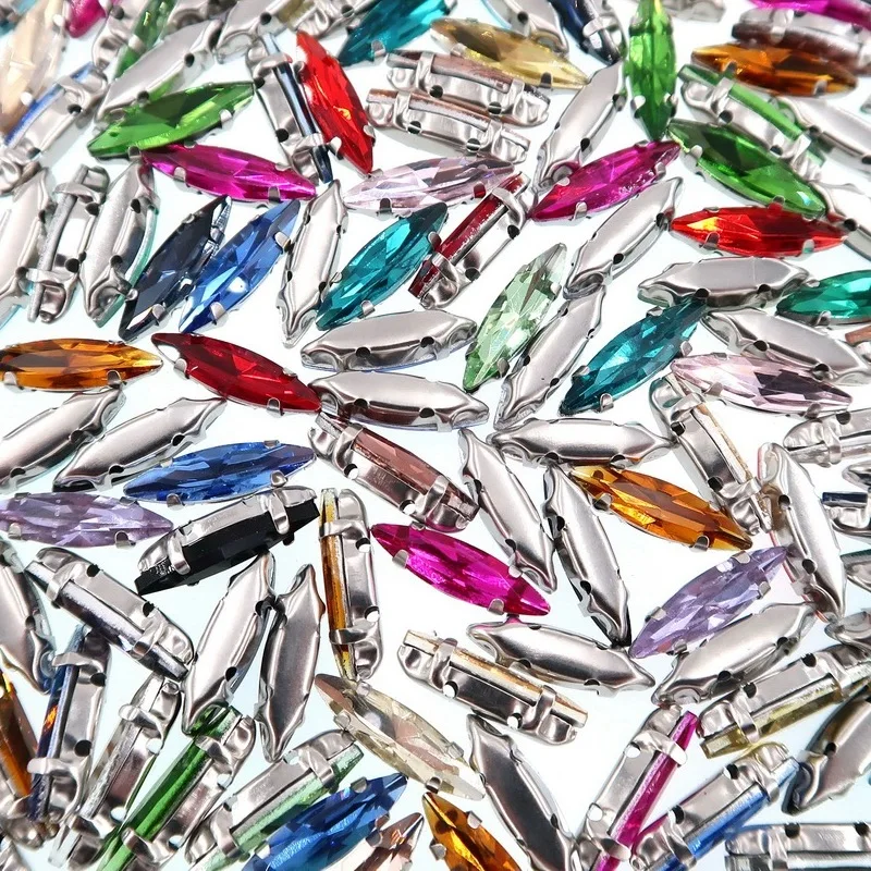 Cristal Strass para Needlework, Eye Shape Setting, DIY Acessórios de Vestuário, Prata Fundo Sew em Pedras, 4x15mm