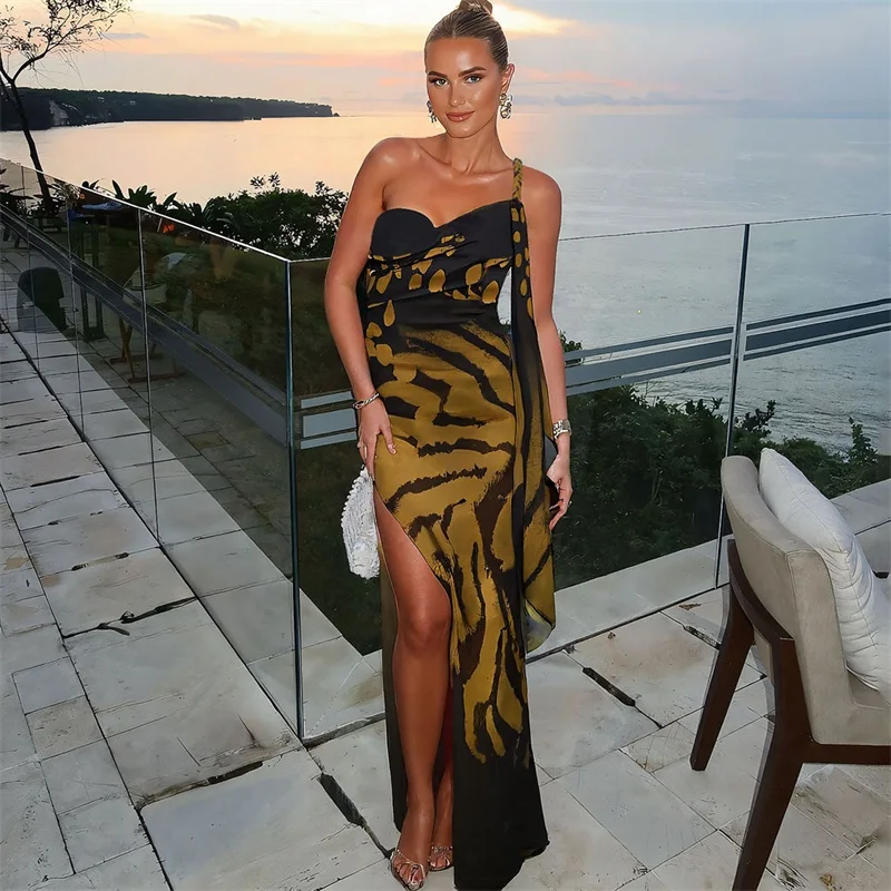 

Summer Women Prom Dress With Stripe Sexy One Shoulder Sleeveless Long Sheath Party Gown Daily Casual Holiday Birthday Robe