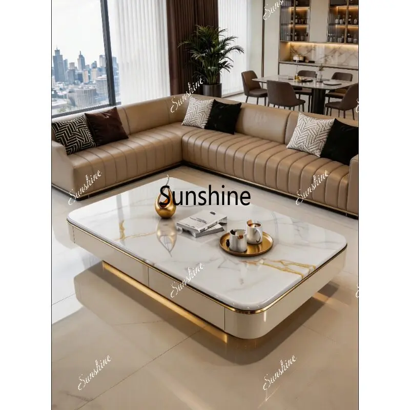 Italian-style light luxury coffee table, modern minimalist storage, metal frame, high-end living room