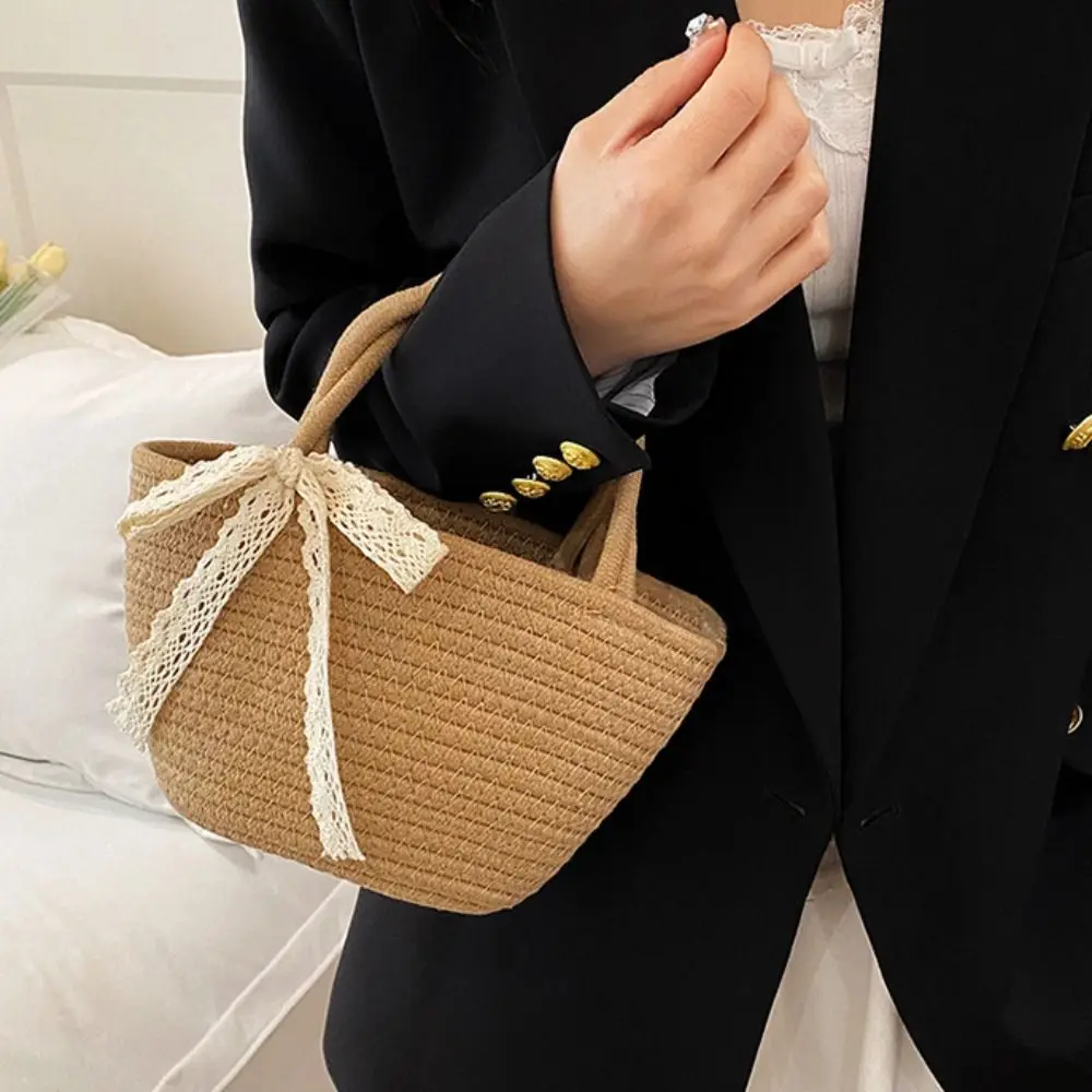 

Fashion Pastoral Style Woven Straw Tote Bag Khaki with Ribbon Beach Straw Bag Bucket Bag Small Woven Handbag Summer