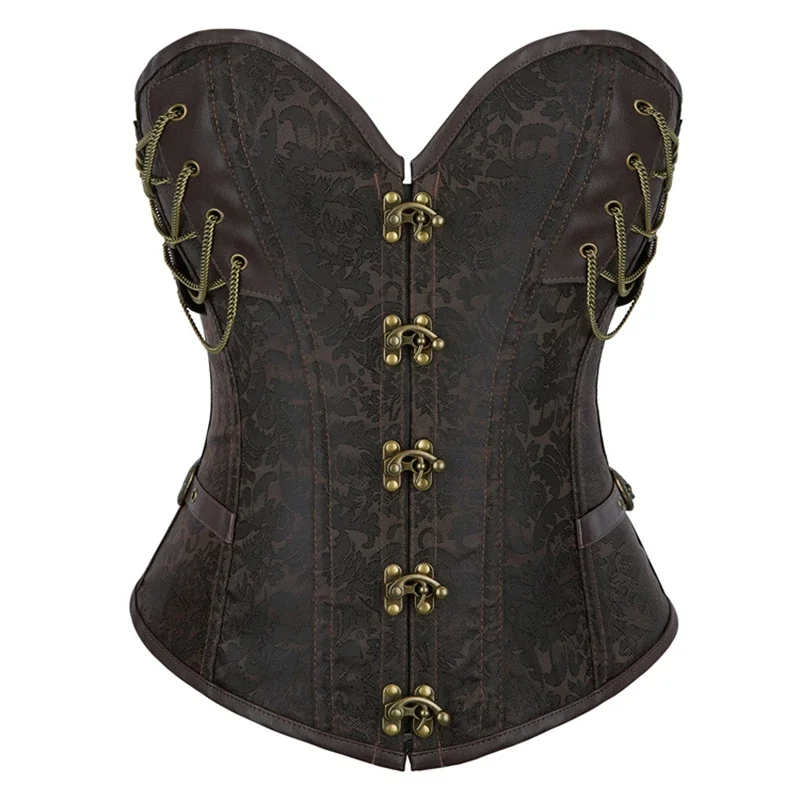 

Dark Brown Chain Decorated Steel Bone Gothic Retro Corset Tops Women Overbust Body Shaper Waist Trainer Lace-up Bustiers