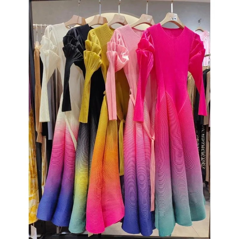 Miyake New Pleated Fashion Round Neck Lantern Sleeve Waist Slim Gradient Color Women's Dresses African Prom Stretch Long Dresses