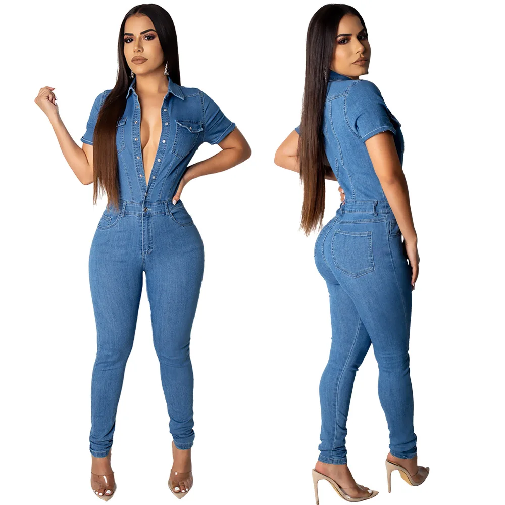 

Ladies Fashion Casual Lapel Short Sleeve Skinny Light Blue Denim Jumpsuit Summer Tidal Current Jumpsuit