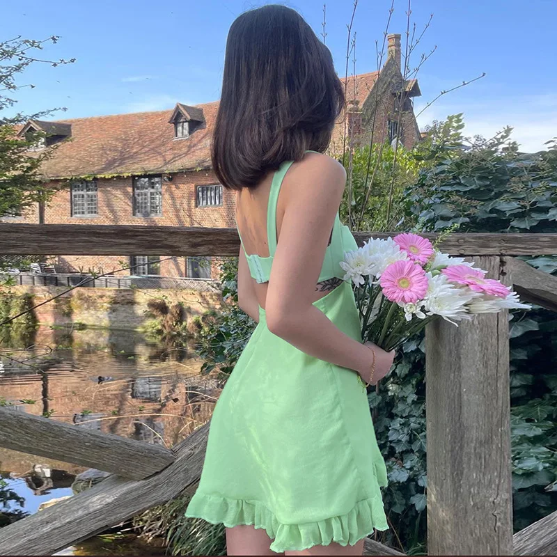 Verão novos vestidos elegantes cor sólida recorte fino estilingue vestido sexy sem costas plissado vestidos femininos