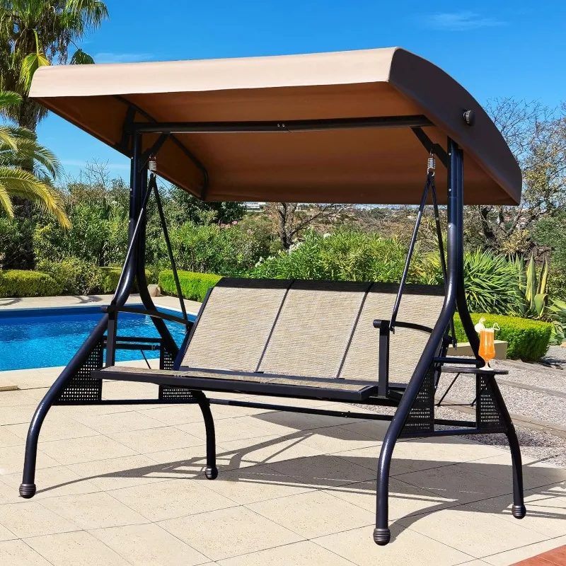 Outdoor Patio Swing with Adjustable Canopy, 3 Seat Outdoor Porch Swing with Cup Holders, Waterproof Textilene Swing Chair