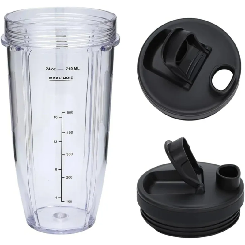 Blender Replacement Parts Fit for Ninja, 24oz Cup with 7 Fins Blades & Seal Lid Fit for Nutri Ninja  (2 cups, 2 lids, 1 base)