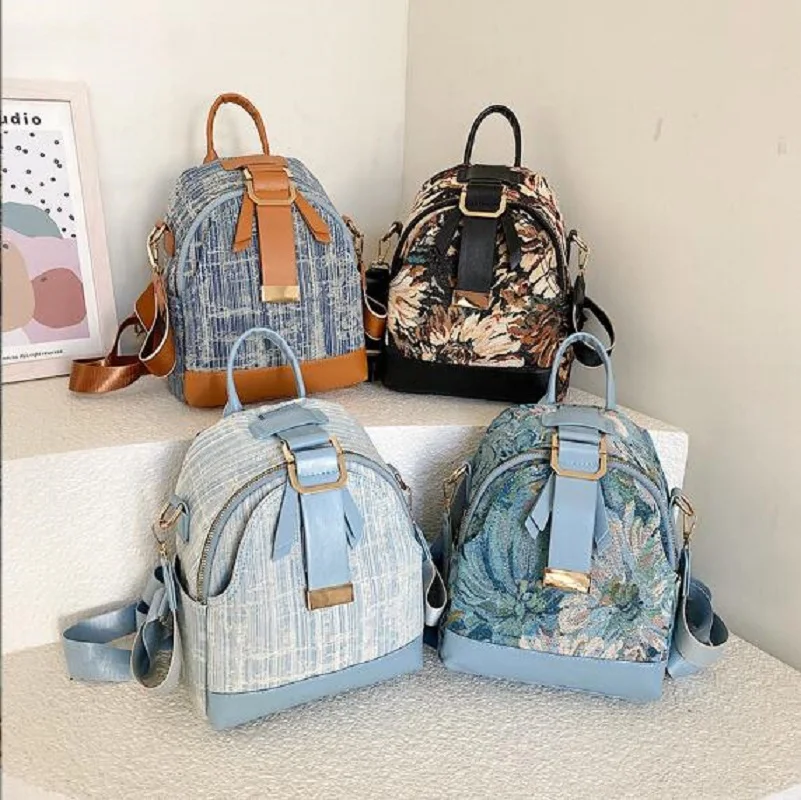 Hot Sale Women Fashion Printing Denim Backpack Large Capacity Travel Shoulder Bags Casual Multifunctional Totes Crossbody Bag