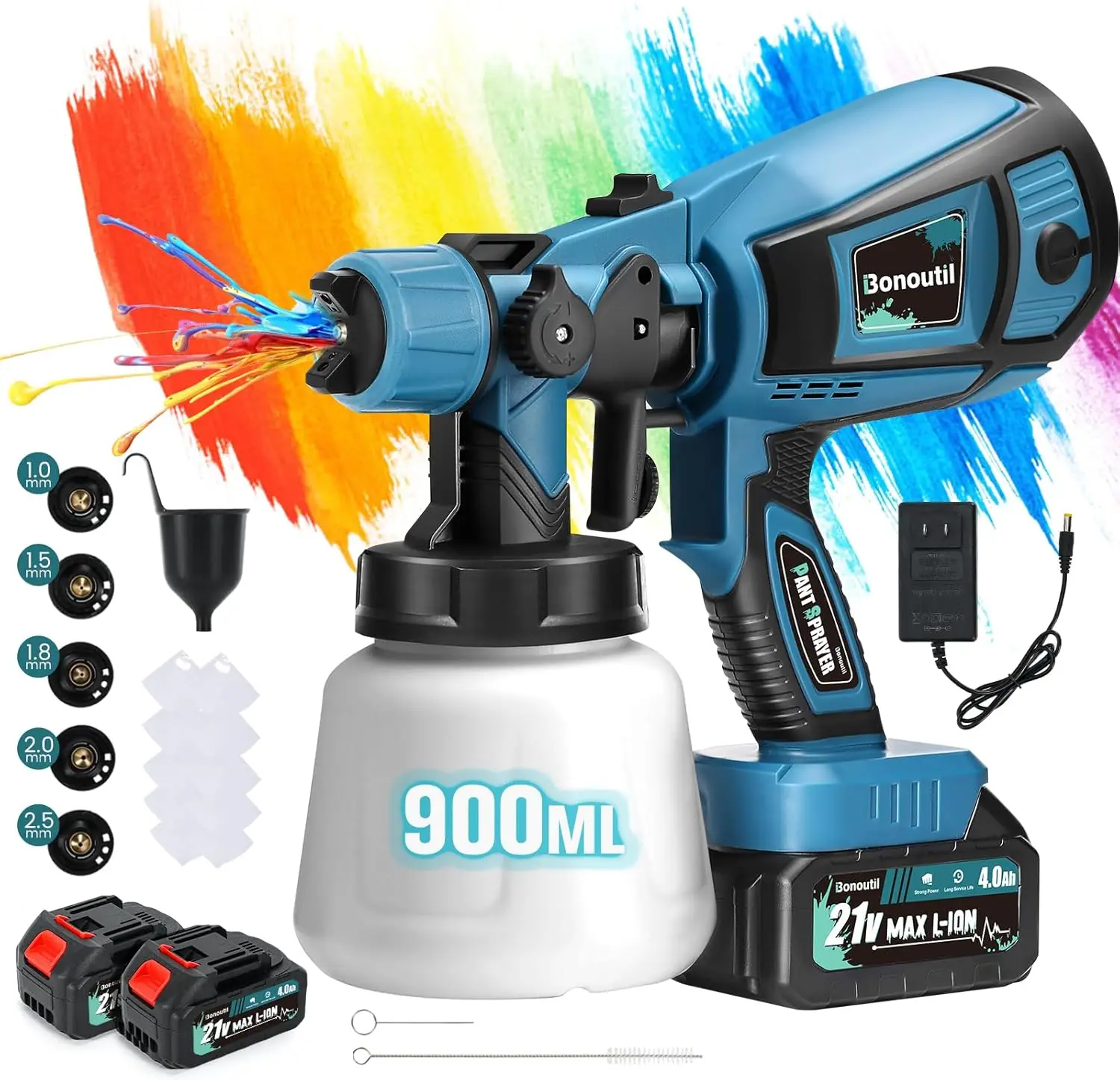 Cordless Paint Sprayer With 2 Batteries 21V 4.0Ah 900Ml Cordless Spray Paint Gun 3 Spray Modes 5 Nozzles Adjustable Flow Length