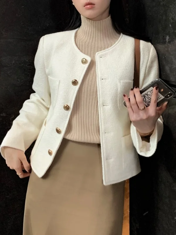 معطف Ele Ladylike ort للنساء من Faion الكورية Sle فضفاض مناسب من ألياف البوليستر لون نقي بأزرار تفاصيل بلوزة للخريف والشتاء #1