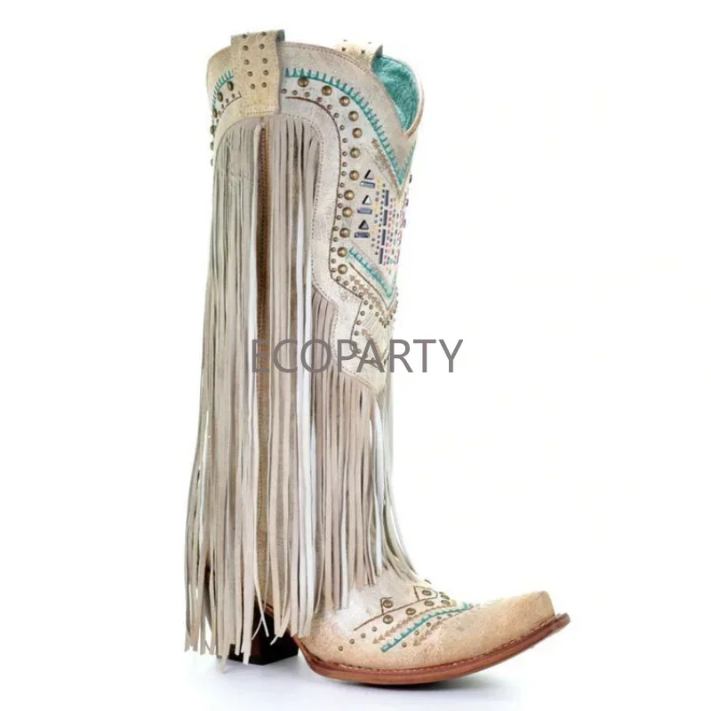 Women Western High Boots Solid Color PU Square Head Thick Heel Rivet Embroidery Tassel Fashion Street Outdoor Knight Women Shoes