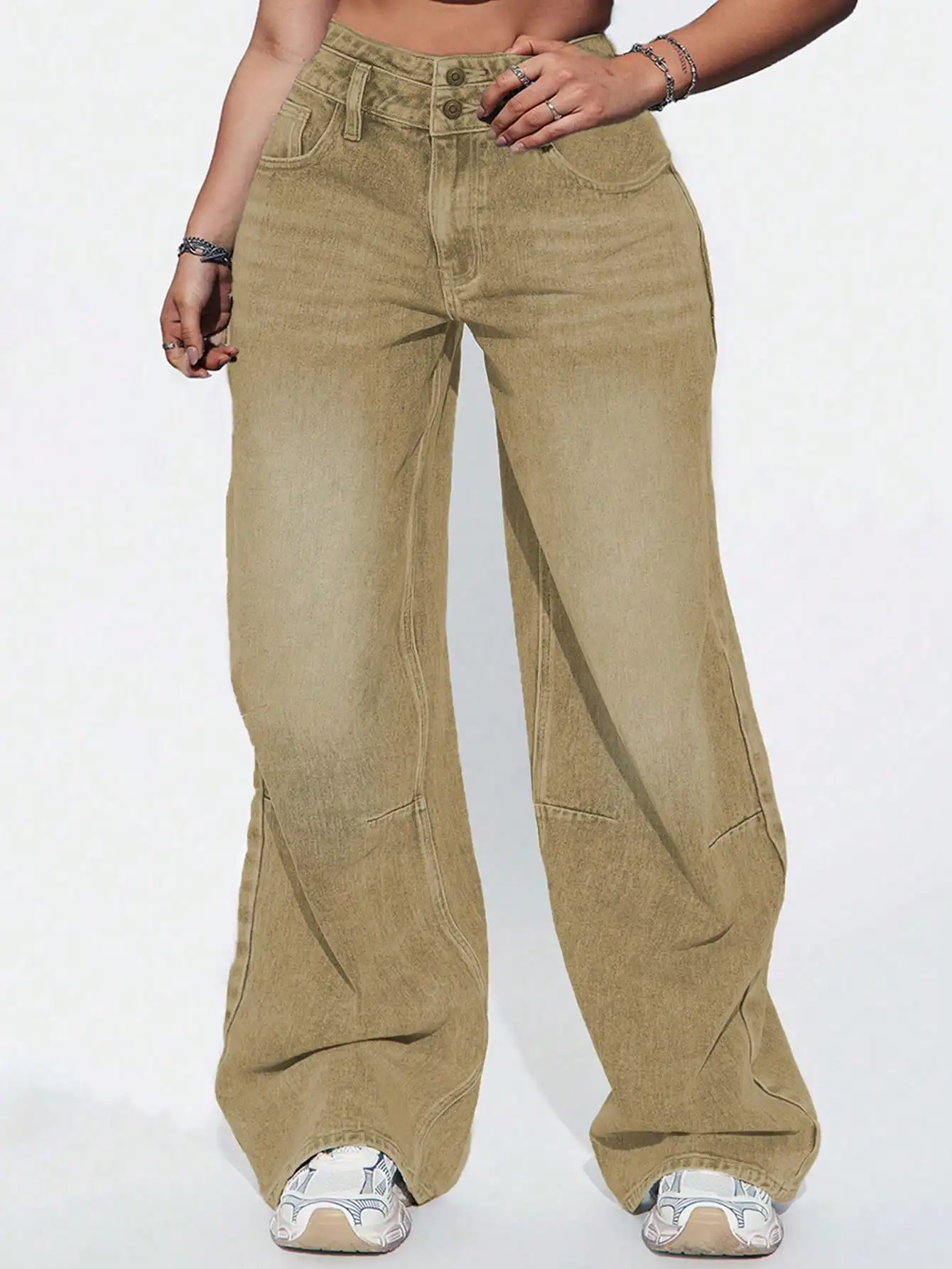 American breasted design khaki jeans women's loose straight leg casual wide leg trousers floor length trousers