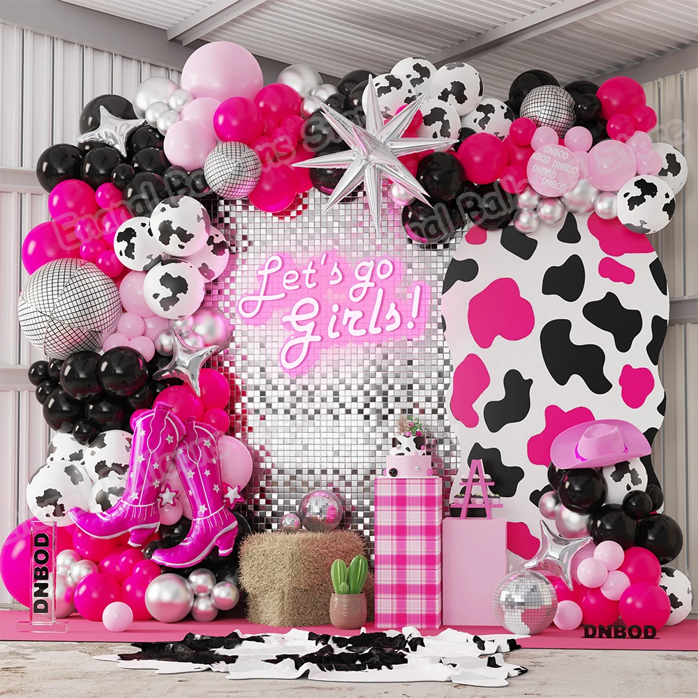 128Pcs Cowgirl Balloon Arch Kit Cow Printed Hot Pink Boot Disco Foil Balloon for Farm Theme Baby Shower Birthday Wedding Decor