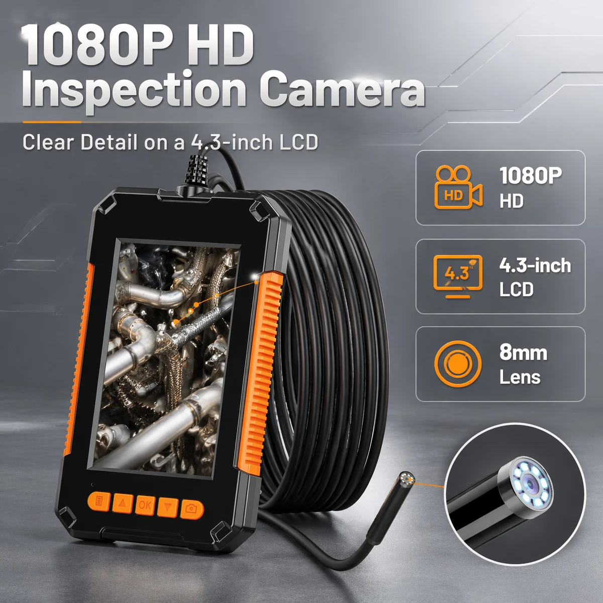 Caméra endoscopique industrielle 8 mm 1080P HD, boroscope d'inspection pour tuyaux de drainage, murs, moteurs automobiles, cylindres, avec fonction photo, vidéo et LED