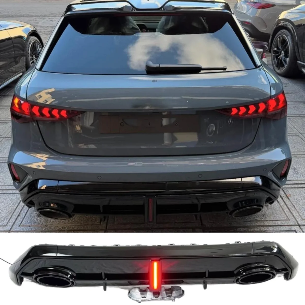 Heckdiffusor für Audi A3 Sline Modified RS3 mit Lichtern, Hecklippe, Heckdiffusor, Endrohr, 2025-2026