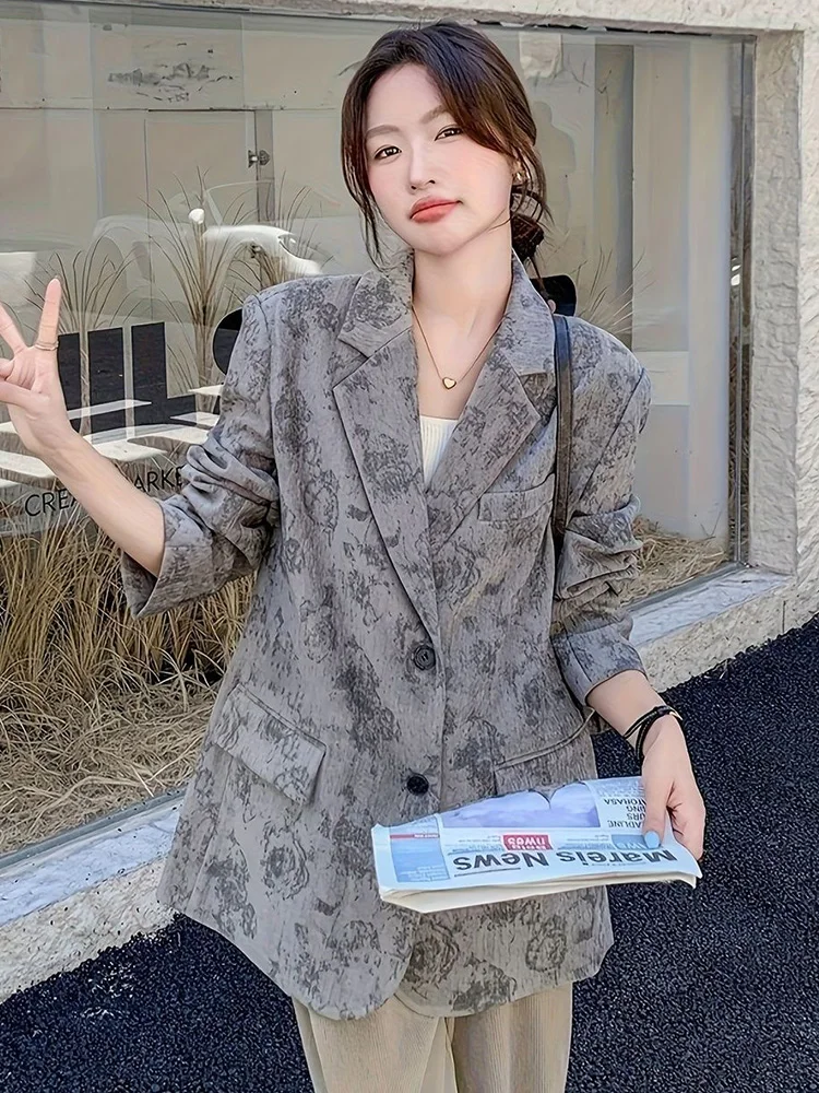 

Корейский шикарный блейзер с цветочным принтом, женский элегантный тонкий осенне-зимний костюм с длинным рукавом, пальто, модный принт, милая женская куртка высокого качества