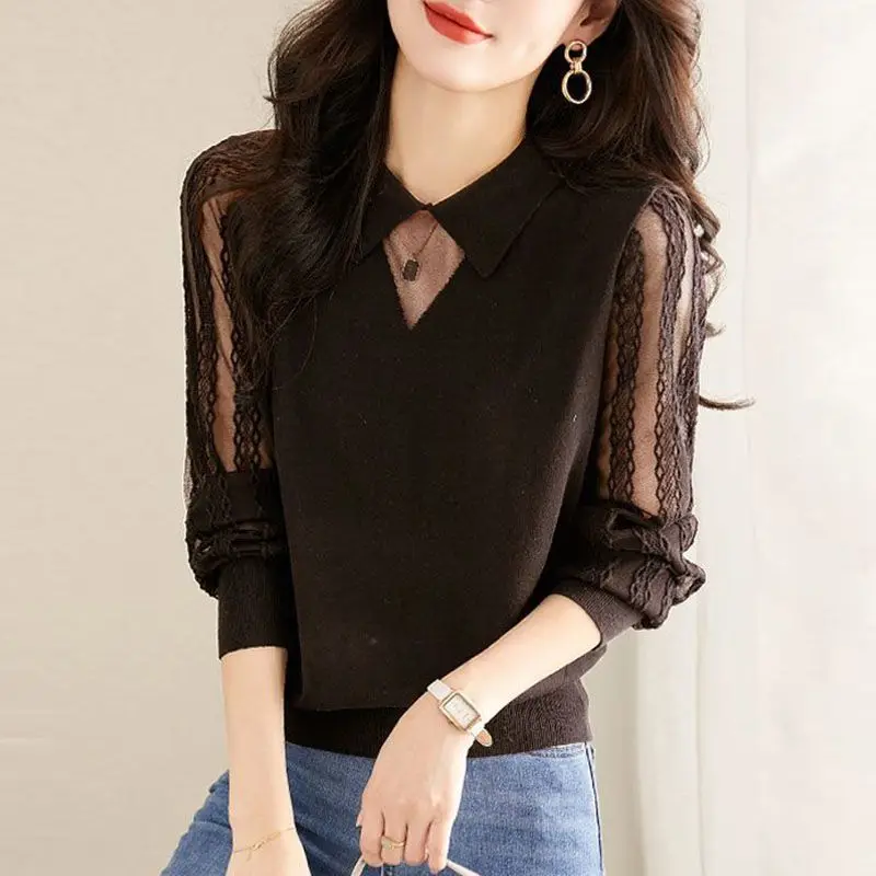 Elegant Knitted Spliced Hollow Out Gauze Lace Blouses Women's Clothing 2024 Autumn New Loose All-match Tops Office Lady Shirts