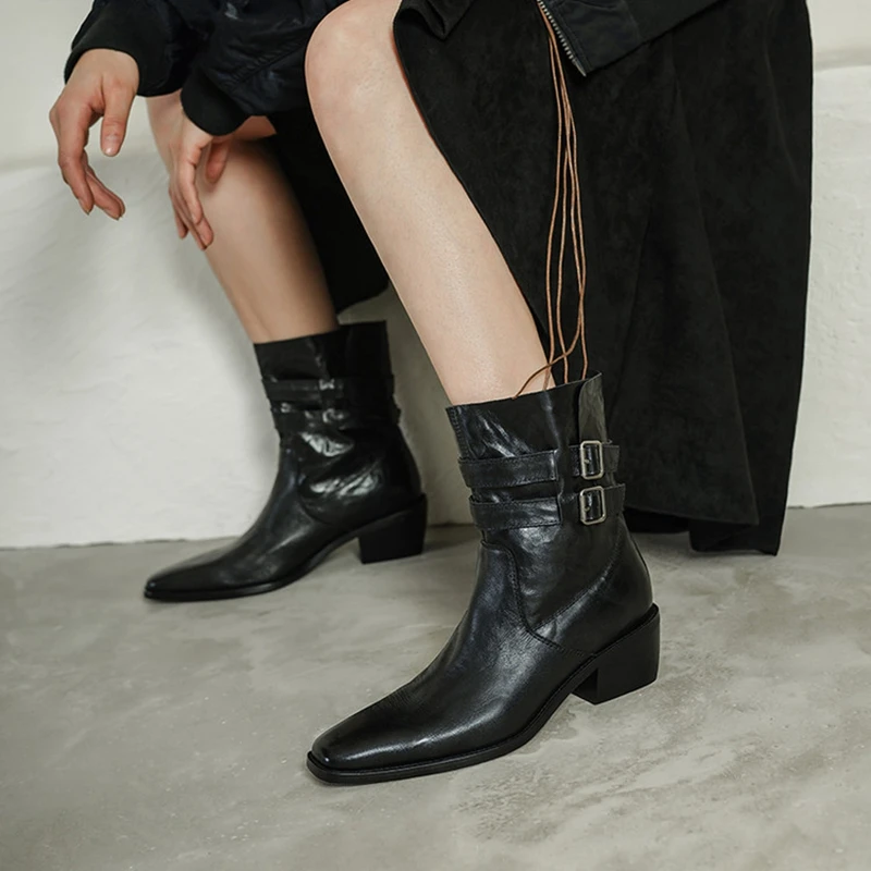 NEW Autumn Women Boots Genuine Leather Shoes for Women Square Toe Chunky Heel Shoes Slip-on Modern Boots Belt Buckle Daily Shoes
