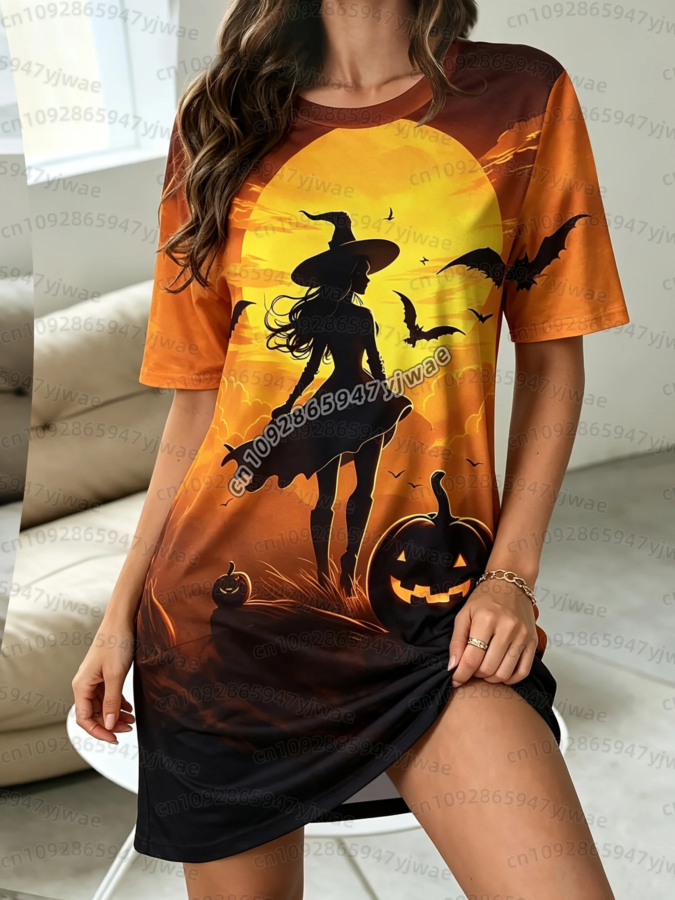 26 Damen „Halloween Karnevalsnacht“ Orange Kürbis-Fledermaus-Print T-Shirt-Kleid Damen Halloween Cosplay T-Shirt-Kleid – Detail 3
