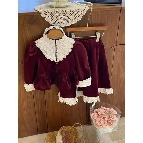 

New Baby Girls Fashion Long Sleeve Velour Wine Red Sets, Blouse + Skirts Princess Elegant Suits 2-7T
