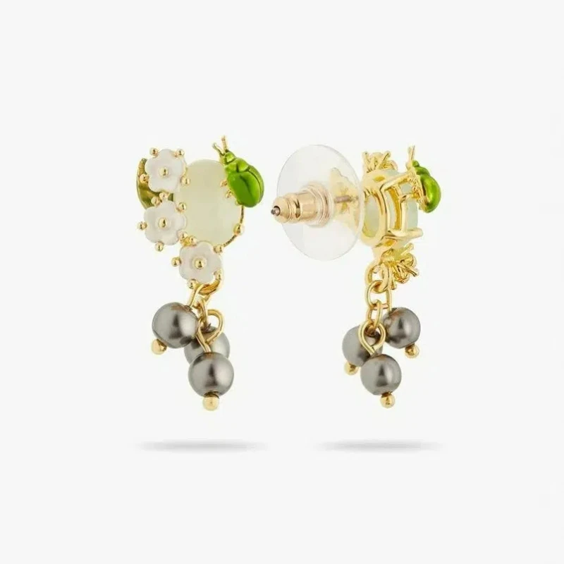 

Trendy Bohemia Pastoral Style Four Seasons Berry Little Mini White Flower Enamel Green Beetle Blueberry Pearl Pendant Earrings