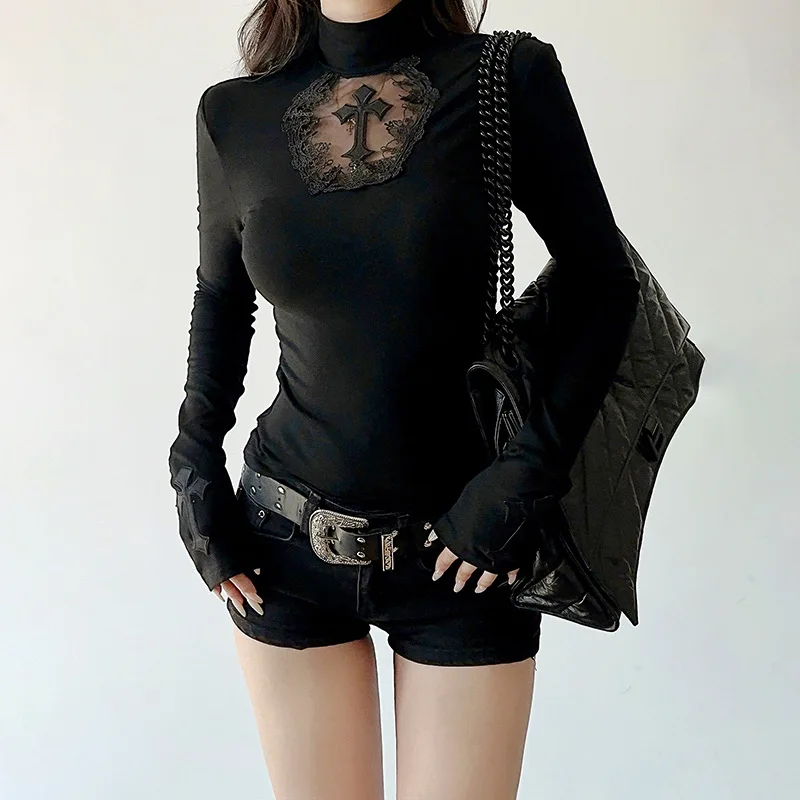 Goth Dark Elegant Fashion Mesh Patchwork Cross T-shirts Mall Goth Slim Turtleneck Pullovers Tops Women 90s E-girl Sheer T-shirt