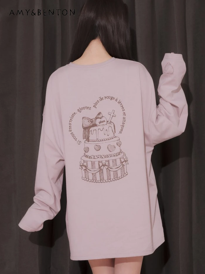 Spring New Lolita Cartoon Printed Long-Sleeved T-shirt Japanese Sweet Cute Oversized T Shirt Pure Color All-Match Mine Y2K Top